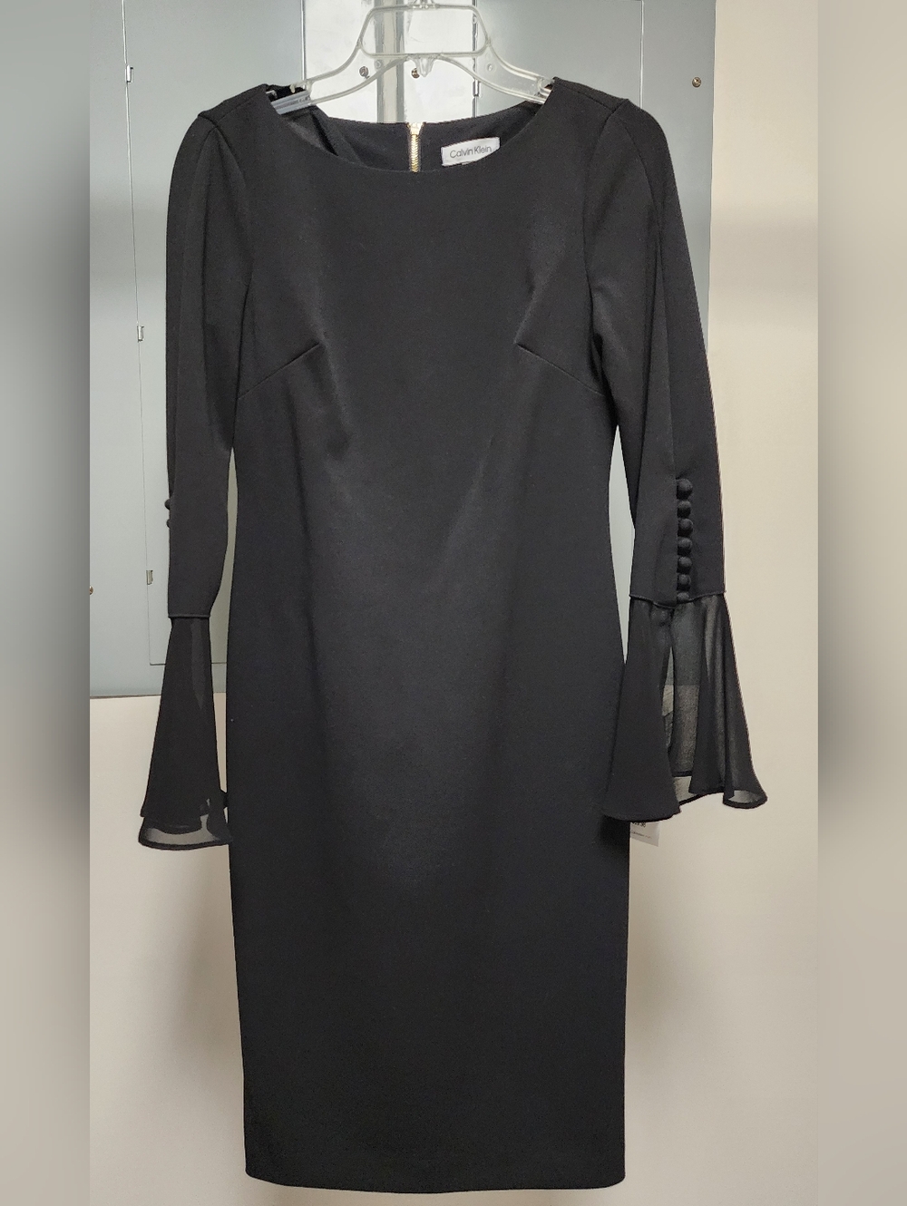 Calvin Klein Black Long-Sleeve Sheath Dress with Chiffon Bell Sleeves